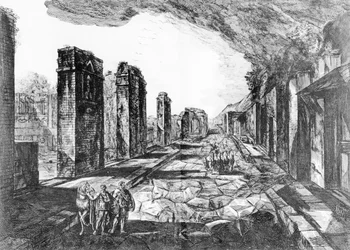 Vista da taverna de Pompéia com o sinal da loja de Priapus, de &39;Antiquites de Pompeia&39; por GB Piranesi, gravado por Francesco Piranesi (1758-1810) 1804